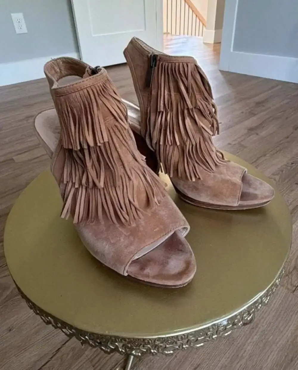 Vince Camuto Torey Chestnut Suede Fringe Open Toe Booties